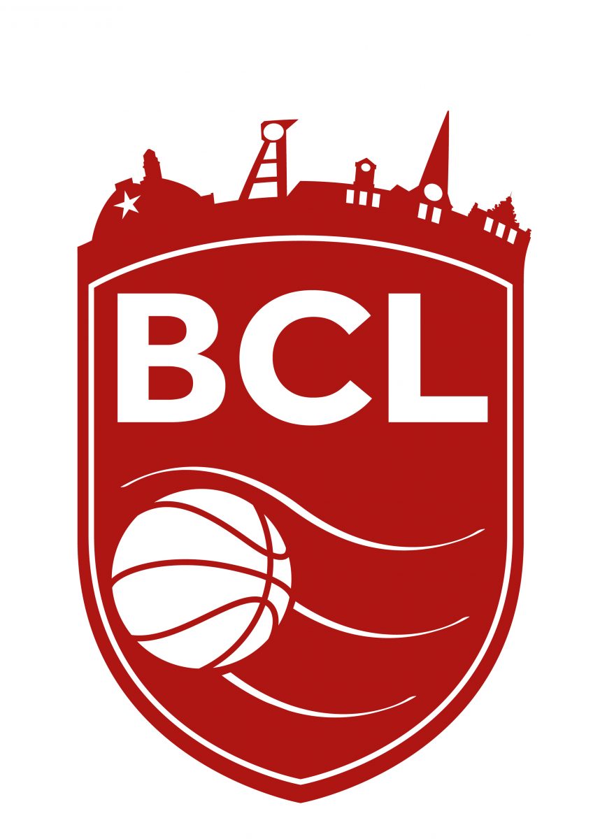Ein rotes Logo in Wappenform mit dem weißen Schriftzug BCL und einem Basketball.